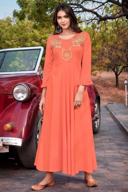 Rayon Peach Gown Dress in Embroidered