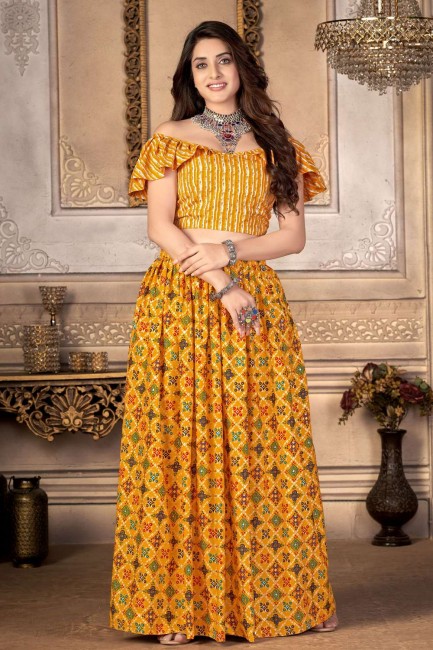 Yellow Silk Printed Indo Western Lehenga Choli with Dupatta