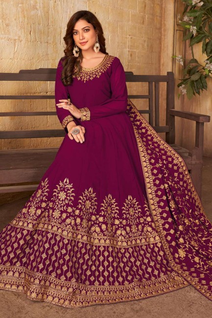 Faux georgette Embroidered Maroon Islamic Anarkali Suit with Dupatta