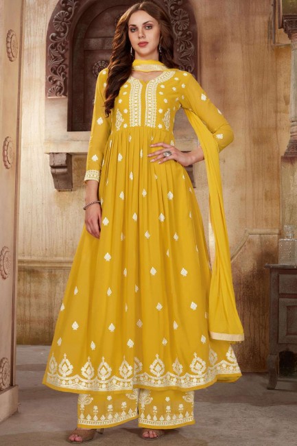 Yellow Faux georgette Embroidered Islamic Anarkali Suit with Dupatta