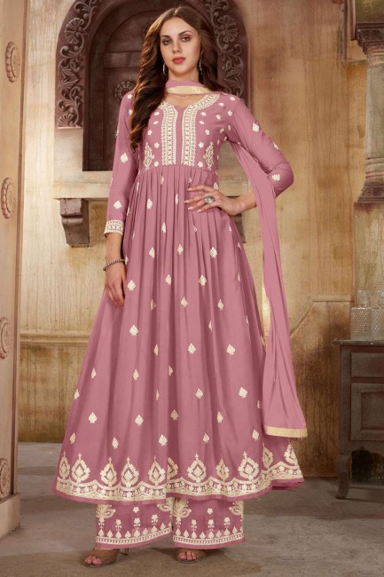 Faux georgette Embroidered Pink Islamic Anarkali Suit with Dupatta