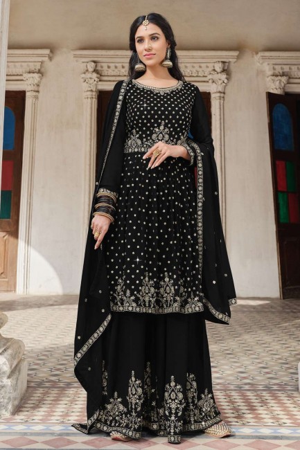 Embroidered Faux georgette Black Palazzo Suit with Dupatta