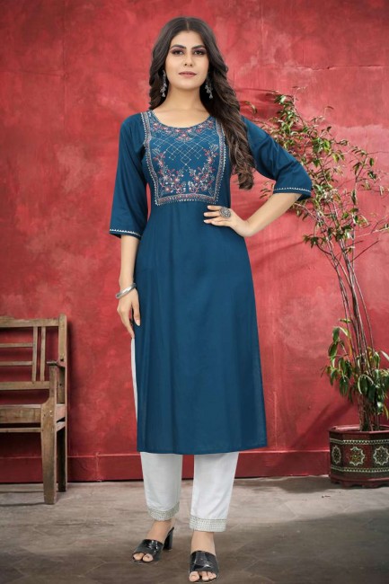 Teal  Straight Kurti in Cotton with Embroidered