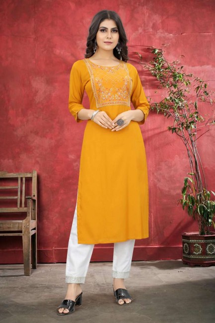 Embroidered Straight Kurti in Yellow Cotton