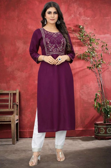 Straight Kurti in Wine  Cotton with Embroidered