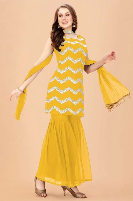 Embroidered Faux georgette Yellow Sharara Suit with Dupatta