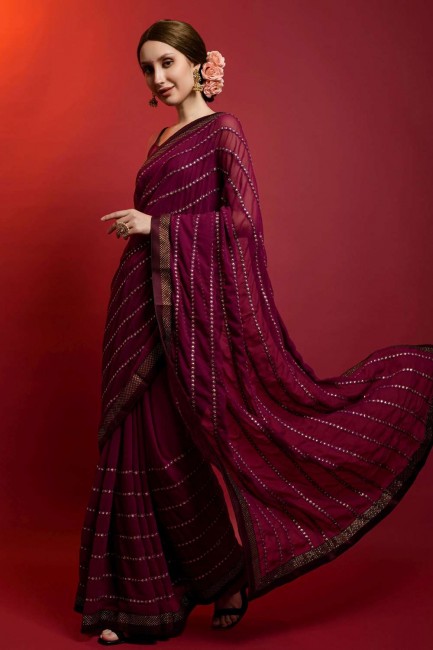 Georgette Saree in Wine with Mirror,embroidered