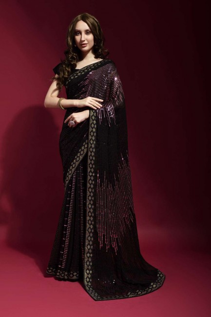 Georgette Embroidered Onion  Party Wear Saree with Blouse