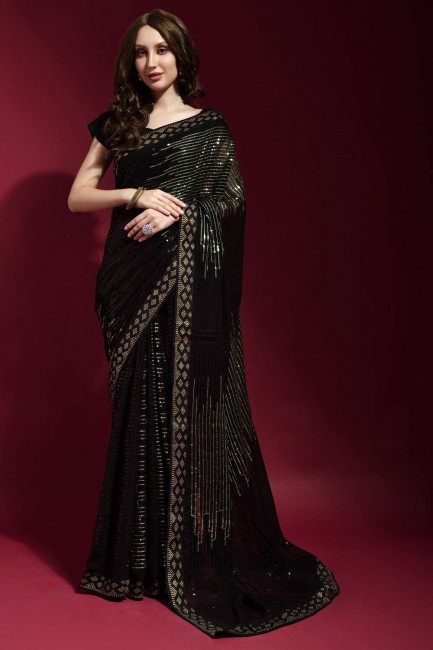 Embroidered Georgette Pista  Party Wear Saree with Blouse