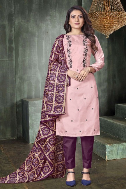 Printed Salwar Kameez in Pink Silk