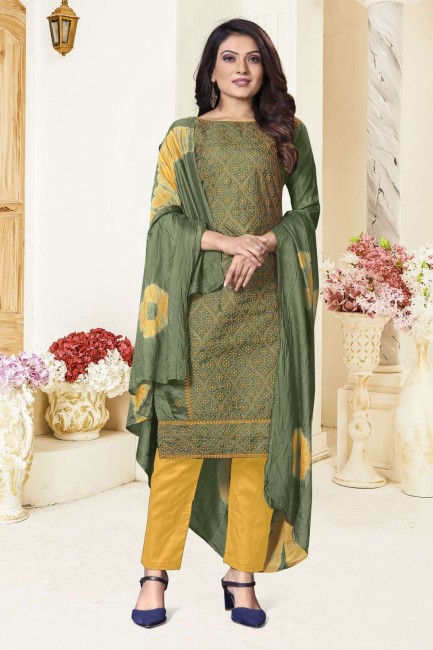 Green Salwar Kameez in Printed Silk