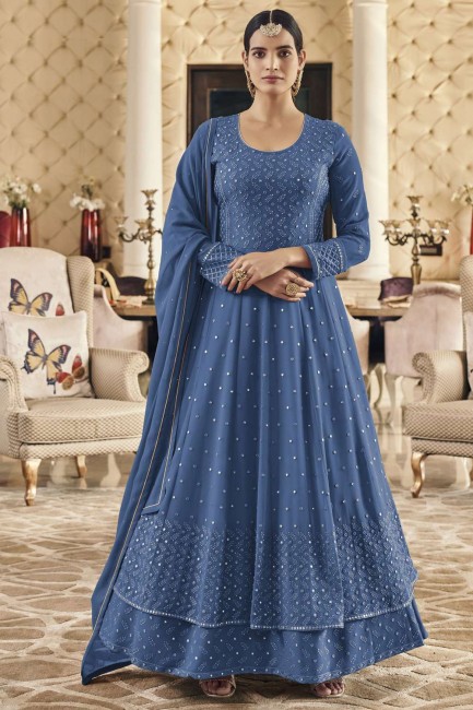 Faux georgette Blue Anarkali Suit in Embroidered