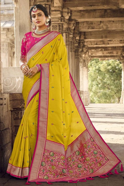 Yellow Banarasi Saree in Lace border Banarasi silk