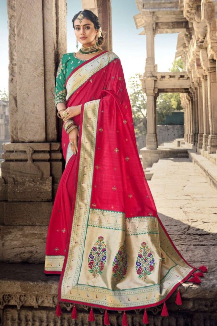 Lace border Banarasi silk Banarasi Saree in Red with Blouse