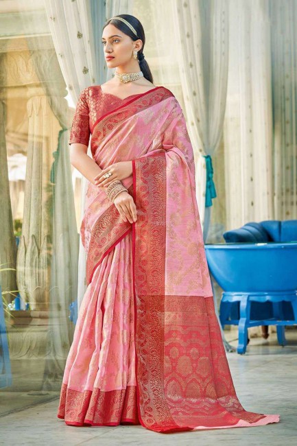 Zari,weaving Cotton Pink Banarasi Saree with Blouse