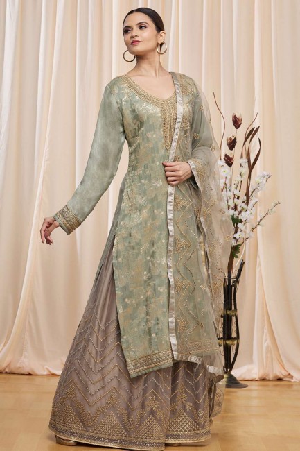 Embroidered Jacquard Islamic Palazzo Suit in Grey with Dupatta