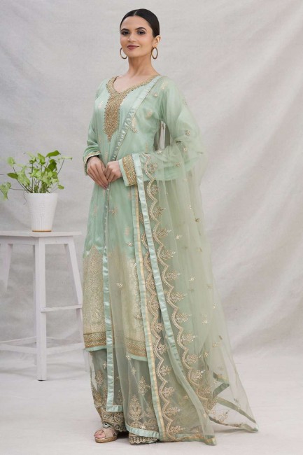 Islamic Embroidered Palazzo Suit in Blue Jacquard