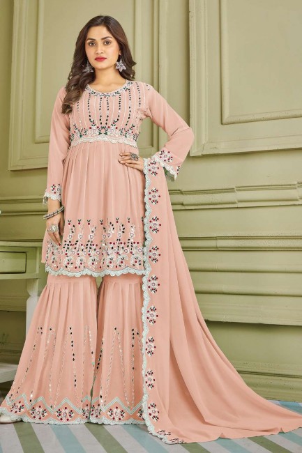 Peach Islamic Sharara Suit in Faux georgette with Embroidered
