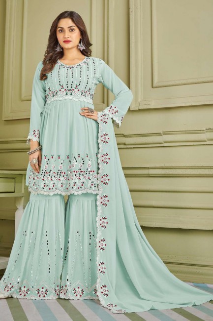 Sky blue Embroidered Faux georgette Islamic Sharara Suit