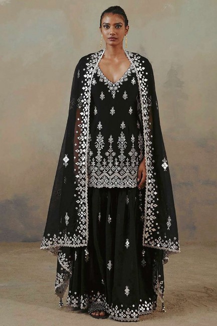 Faux georgette Embroidered Black Islamic Palazzo Suit with Dupatta