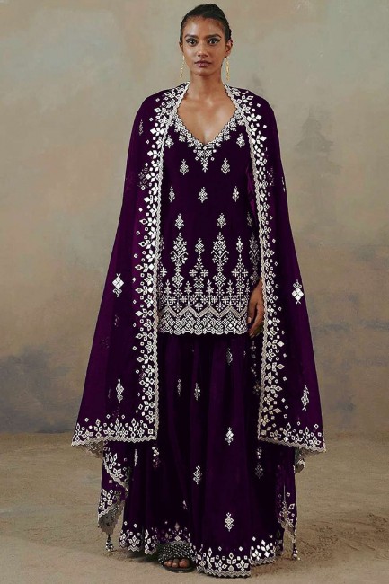 Purple Islamic Palazzo Suit in Faux georgette with Embroidered