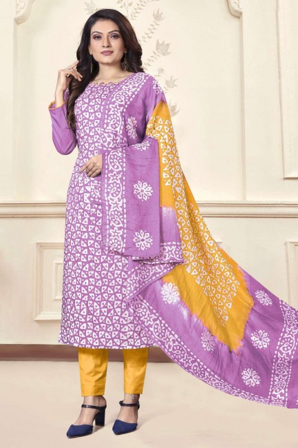 Printed Salwar Kameez in Purple Cotton blend