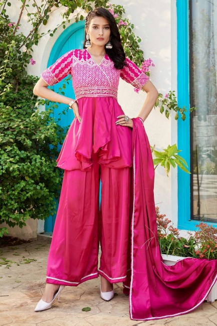 Pink Embroidered Diwali Sharara Suit in Cotton