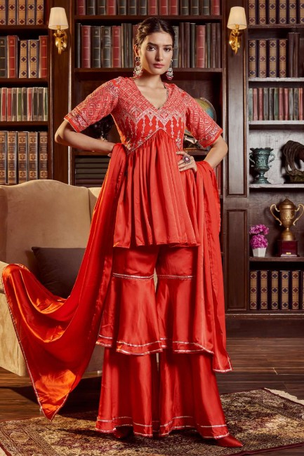 Cotton Red Diwali Sharara Suit in Embroidered