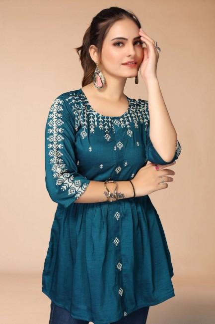 Indo Western Kurti in Teal  Viscose with Embroidered