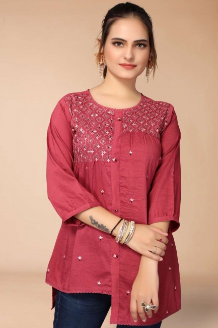 Indo Western Kurti in Pink Viscose with Embroidered