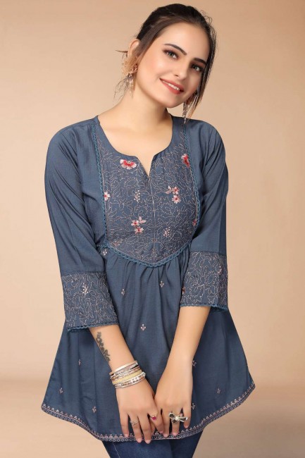 Blue Indo Western Kurti with Embroidered Viscose
