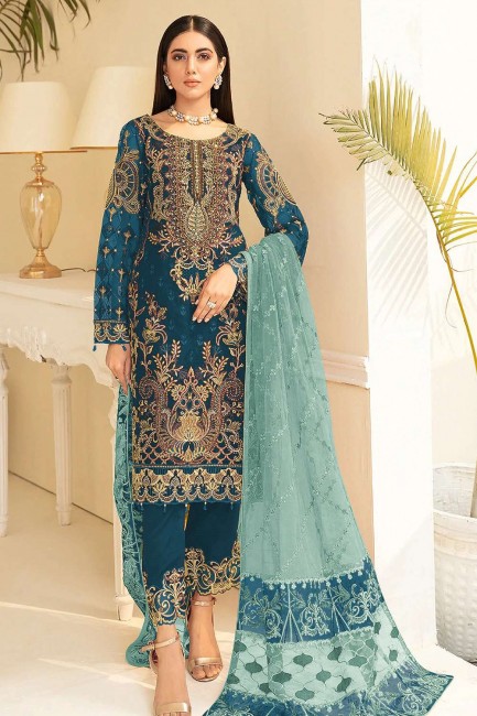 Faux georgette Embroidered Teal blue Islamic Salwar Kameez with Dupatta