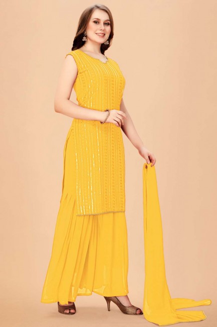 yellow Diwali Palazzo Suit in Faux georgette with Embroidered