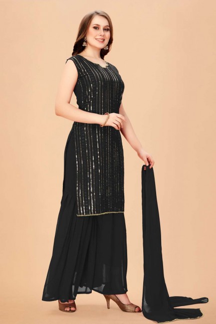 Black Faux georgette Embroidered Diwali Palazzo Suit with Dupatta