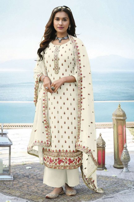 White Faux georgette Embroidered Pakistani  Palazzo Suit with Dupatta