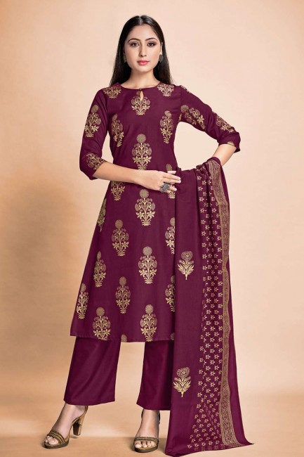Wine Palazzo Suit in Rayon with Printed