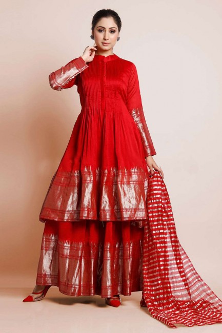 Weaving Art silk Palazzo Suit in Red