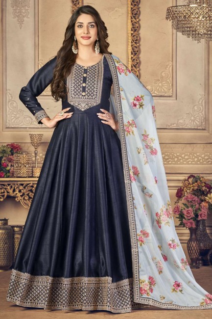 Silk Diwali Anarkali Suit in Blue with Printed