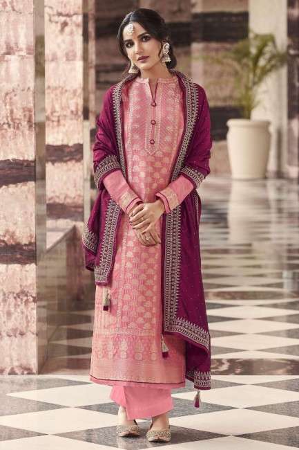 Peach Diwali Palazzo Suit with Weaving Silk