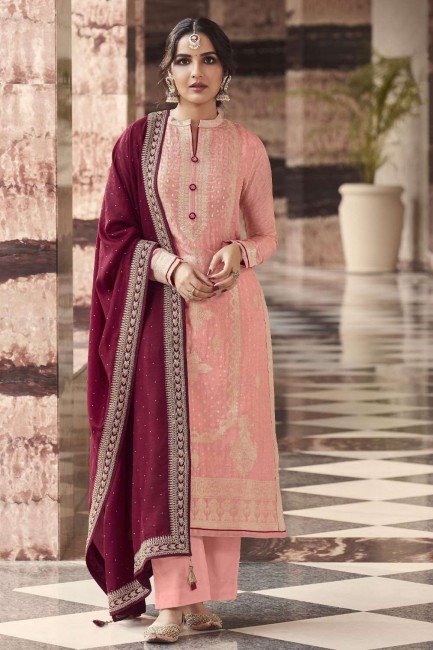 Peach Silk Weaving Diwali Palazzo Suit with Dupatta