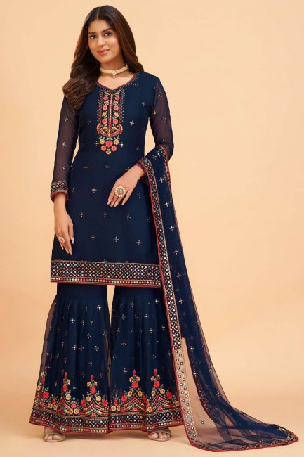 Blue Sharara Suit in Pakistani Georgette with Embroidered