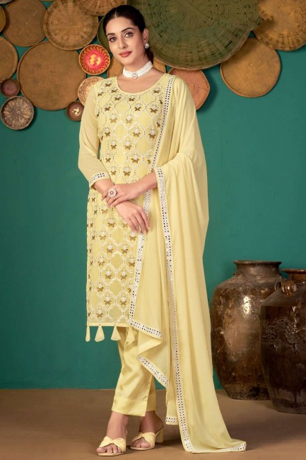 Diwali Salwar Kameez in Yellow Faux georgette with Embroidered