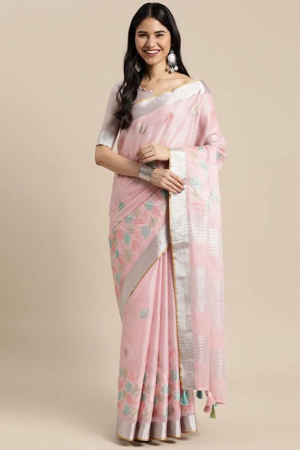 Resham,embroidered,lace border Saree in Pink Linen