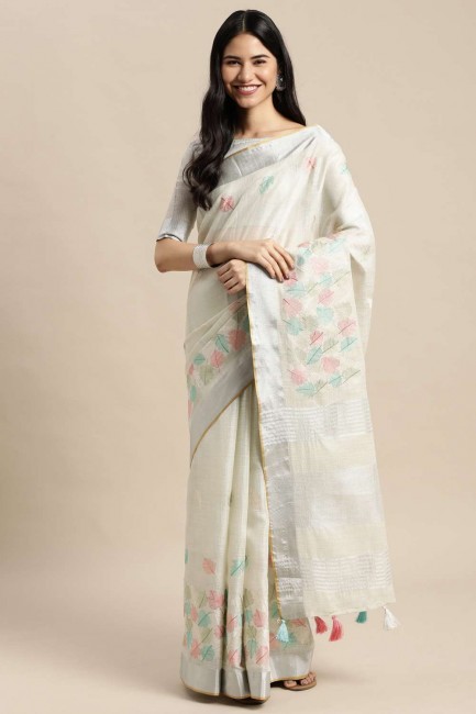 Off white Saree in Resham,embroidered,lace border Linen
