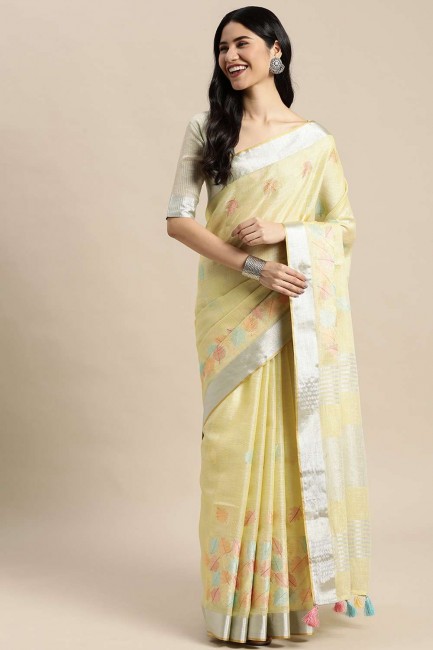 Linen Saree in Yellow with Resham,embroidered,lace border