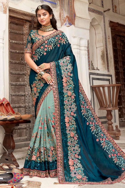 Thread,embroidered Karva Chauth Art silk Saree in Teal blue