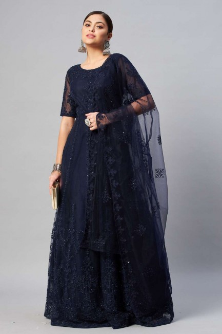 Net Navy blue Diwali Gown Dress in Embroidered