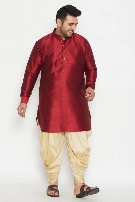 Maroon Diwali Plain Banglori silk Men Dhoti kurta