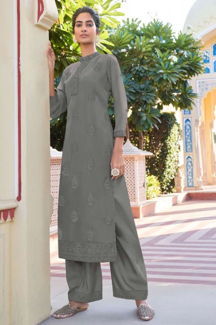 Georgette Diwali Palazzo Kurti in Grey with Embroidered
