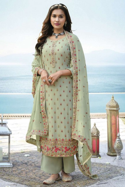 Embroidered Faux georgette Diwali Palazzo Suit in Pista